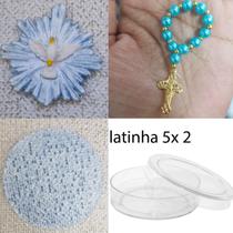 Lembrancinhas para montar 10 latinhas acrílico 5x2 + 10 mini terços + 10 apliques de biscuit + 10 círculos de tela de fundo para aplique