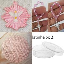 Lembrancinhas para montar 10 latinhas acrílico 5x2 + 10 mini terços + 10 apliques de biscuit + 10 círculos de tela de fundo para aplique