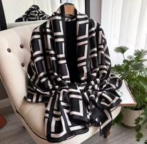 Lenço Cachecol Feminino Grande Toque Seda Geométrico Preto