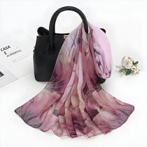 Lenço De Chiffon Com Estampa De Lótus Para Mulheres, Leve, Proteção Solar De Verão, Xale De Seda