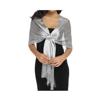 Lenço De Franjas Com Fio Dourado Para Mulheres, Luxuoso, Brilhante, Prata, 160x50cm, Elegante Para