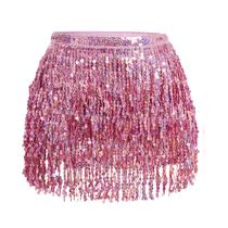 Lenço de quadril Belly Dance, lantejoulas, saia de borla rosa para mulheres