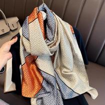 Lenço De Seda Grande Feminino De Luxo, Xale, Hijab, Com Design De Listras E Setas, Proteção Solar,