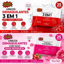 Lenço Demaquilante 3 em 1 e Rosa Mosqueta Remove Maquiagem Limpa Hidrata 25 Unidades Super Poderes