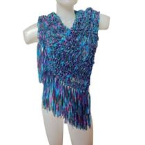 Lenço Echarpe Fechado Azul e Roxo Mesclado com Franjas Feito à Mão
