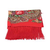 Lenço Feminino Retrô Étnico Pequeno Quadrado Com Franjas Nas Quatro Laterais Estampa Floral Quente E