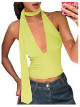 Lenço Halter Crop Top SOLY HUX feminino com decote em V profundo amarelo Lenço Halter Crop Top SOLY HUX feminino com decote em V profundo amarelo