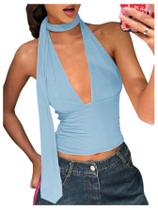 Lenço Halter Crop Top SOLY HUX feminino com decote em V profundo azul Lenço Halter Crop Top SOLY HUX feminino com decote em V profundo azul
