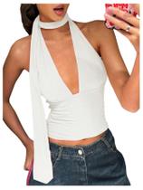 Lenço Halter Crop Top SOLY HUX feminino com decote em V profundo branco Lenço Halter Crop Top SOLY HUX feminino com decote em V profundo branco
