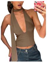 Lenço Halter Crop Top SOLY HUX feminino com decote em V profundo cáqui Lenço Halter Crop Top SOLY HUX feminino com decote em V profundo cáqui