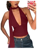 Lenço Halter Crop Top SOLY HUX feminino com decote em V profundo cor de vinho Lenço Halter Crop Top SOLY HUX feminino com decote em V profundo cor de vinho