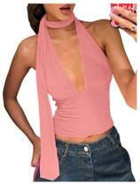 Lenço Halter Crop Top SOLY HUX feminino com decote em V profundo rosa Lenço Halter Crop Top SOLY HUX feminino com decote em V profundo rosa