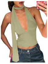 Lenço Halter Crop Top SOLY HUX feminino com decote em V profundo verde Lenço Halter Crop Top SOLY HUX feminino com decote em V profundo verde