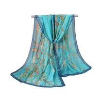 Lenço Longo De Seda Chiffon Com Estampa De Flor De Ameixa Para Mulheres, Protetor Solar, Bolsa De