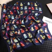 Lenço Quadrado De Seda Feminino De Verão Com Estampa De Gato, Laço De Cabelo De Cetim, Hijab De