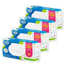 Lenço Umedecido Mili Baby - 4 pacotes c/ 100 unidades - livre de álcool e parabenos - Macias (Total: 400 toalhas)