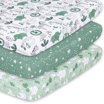 Lençóis Playard com elástico The Peanutshell Green Safari, pacote com 3 Lençóis Playard com elástico The Peanutshell Green Safari, pacote com 3
