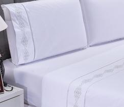 Lençol 100% Algodão Casal Queen Bordado Diamante Branco e Cinza 4pçs Lençol 100% Algodão Casal Queen Bordado Diamante Branco e Cinza 4pçs