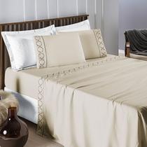 Lençol Cama Casal Queen Jogo 4 Peças Infinity 400 Fios Detalhe Ponto Palito e Bordado