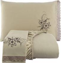 Lençol Casal com Elástico Jogo de Cama Padrão Bordado 03 Pçs