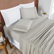 Lençol Casal King Size London Bordado Inglês 200 Fios 04 Pçs Caqui