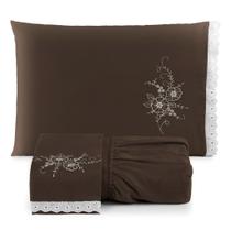Lençol Casal Queen 3 Peças Fronhas Bordadas Elástico Toda Volta Marrom - Cecicasa Lençol Casal Queen 3 Peças Fronhas Bordadas Elástico Toda Volta Marrom - Cecicasa