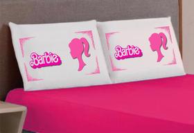 lençol com elastico casal queen 3 peças tema Barbie Pink Branco - md enxovais