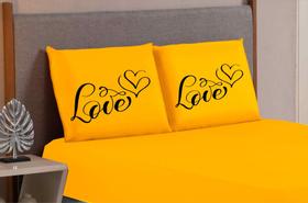 Lençol com elastico queen box 03 peças estampado LOVE TODO AMARELO