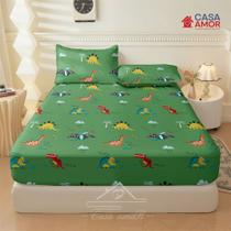 Lençol de Elástico Infantil Solteiro, Casal e Queen Estampado Dinossauro Verde 400 Fios Não Desbota Lençol de Elástico Infantil Solteiro, Casal e Queen Estampado Dinossauro Verde 400 Fios Não Desbota