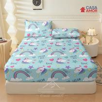 Lençol de Elástico Infantil Solteiro, Casal e Queen Estampado Unicórnio Azul 400 Fios Premium Não Desbota