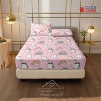 Lençol de Elástico Premium Solteiro, Casal e Queen Estampado Gatinhos Fofos Rosa Animal Print Infantil