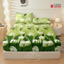 Lençol de Elástico Premium Solteiro, Casal e Queen Estampado Tulipa Florido Flor Branca Rosa Lençol de Elástico Premium Solteiro, Casal e Queen Estampado Tulipa Florido Flor Branca Rosa