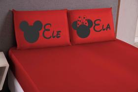Lençol de microfibra casal queen elasticado + duas fronhas estampadas ele ela todo vermelho