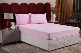 lençol jogo de cama casal luxo rosa bordado 3pç barrado floral - Gabriela Martin Enxovais
