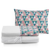 Lençol Mini Cama 3pç Estampa Triângulo Azul e Rosa Moderno