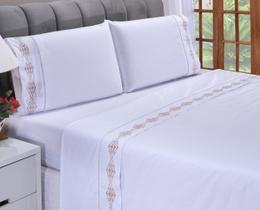 Lençol Queen Casal Bordado Diamante Branco e Caki 4 pçs Lençol Queen Casal Bordado Diamante Branco e Caki 4 pçs