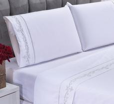 Lençol Queen Casal Bordado Imperial Branco e Cinza 4pç Lençol Queen Casal Bordado Imperial Branco e Cinza 4pç