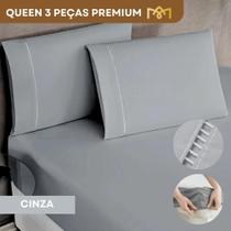 Lençol Queen Padrão C/ Elástico 3 Peças 400 Fios Percal Fronha Ponto Palito Toque Macio Premium Cor Cinza