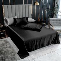 Lençol Superior Casal King Com 2 Fronhas Cetim Seda Preto Lençol Superior Casal King Com 2 Fronhas Cetim Seda Preto