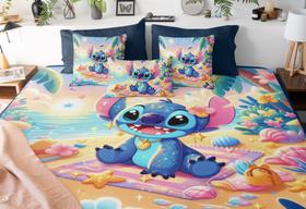 Lençol Tipo Colcha Queen 3 Peças Stitch Férias Praia