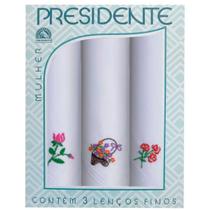 Lenços Bordados Presidente 30x30 Puro Algodão - Caixa C/ 3un