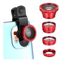 Lente Adaptadora Para Câmera Celular Kit 3 em 1 Universal Olho de Peixe Macro Wide Metal Vermelho