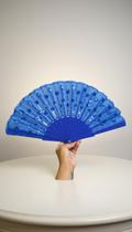 Leque Azul Paetê Artesanal Bordado 41cm Leque Azul Paetê Artesanal Bordado 41cm