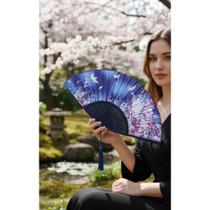 Leque Bambu Oriental Azul 21cm Liso Elegante