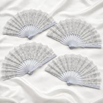 Leque Branco Floral com Glitter Prata 23cm Kit com 4 Unidades, Sofisticação e Charme para Eventos