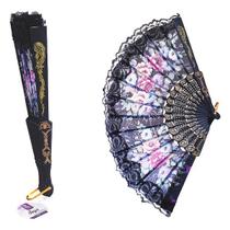 Leque Chinês De Tecido Com detalhe de Renda oriental florido leve compacto seca maquiagem