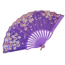 Leque de Mão com Flores de Cerejeira e Detalhes Dourados Estampa Colorida Leque de Mão com Flores de Cerejeira e Detalhes Dourados Estampa Colorida