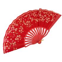 Leque de Mão com Flores de Cerejeira e Detalhes Dourados Estampa Colorida