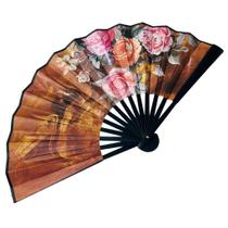 Leque de Mão Médio com Estampa de Flores