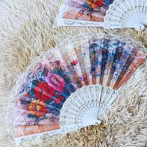 Leque De Mão Tecido Poliester Estampa de flores com detalhe em dourado Com Haste De Plástico Unidade LDP-21